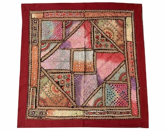 Handmade Vintage Patchwork Wall Hanging: Embroidered Mirror Work Tapestry