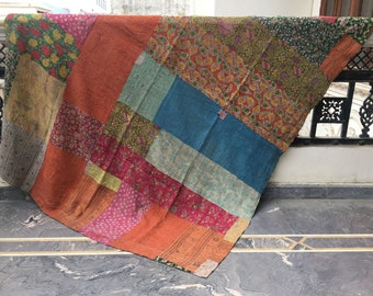 Edredón Kantha de patchwork vintage: colcha bohemia de algodón indio tipo sari