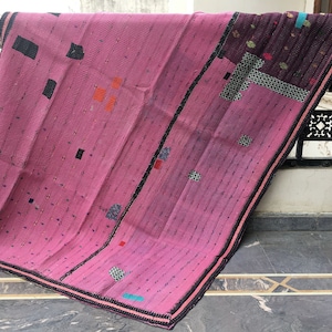 Kantha Coverlet , Handmade Kantha Blanket , Bohemian Throw , Reversible Kantha Quilt, Vintage Kantha Quilt