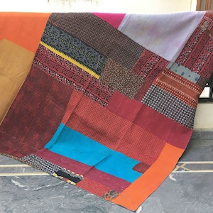 Vintage Kantha Quilt: Reversible Indian Blanket Throw, Hand-Stitched Ralli Quilt