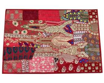 Handmade Indian Sari Patchwork Wall Hanging - Vintage Bohemian Cotton Tapestry for Home Decor