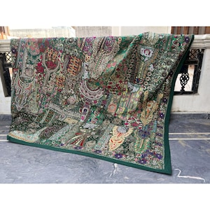 Vintage sari Patchwork beaded Bedding,Gypsy sari decor,Bohemian Wall Hanging Huge Size Vintage Indian handmade Tapestry bedspreads
