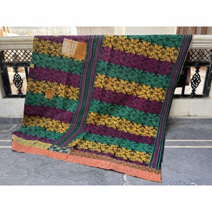 Bohemian Kantha Quilt: Vintage Indian Cotton Sari Bedspread