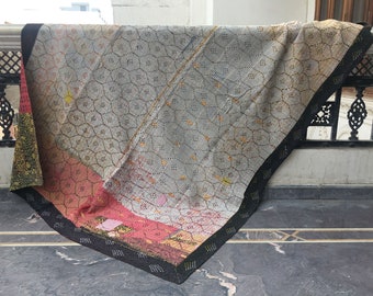 Handmade Vintage Cotton Kantha Quilt: Bohemian Patchwork Throw Blanket