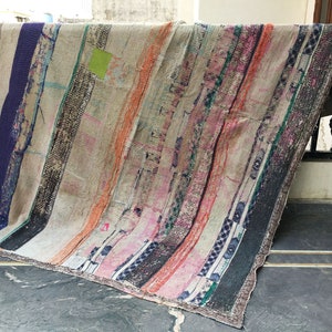 Vintage Hand-Stitched Kantha Quilt: Reversible Indian Throw Blanket
