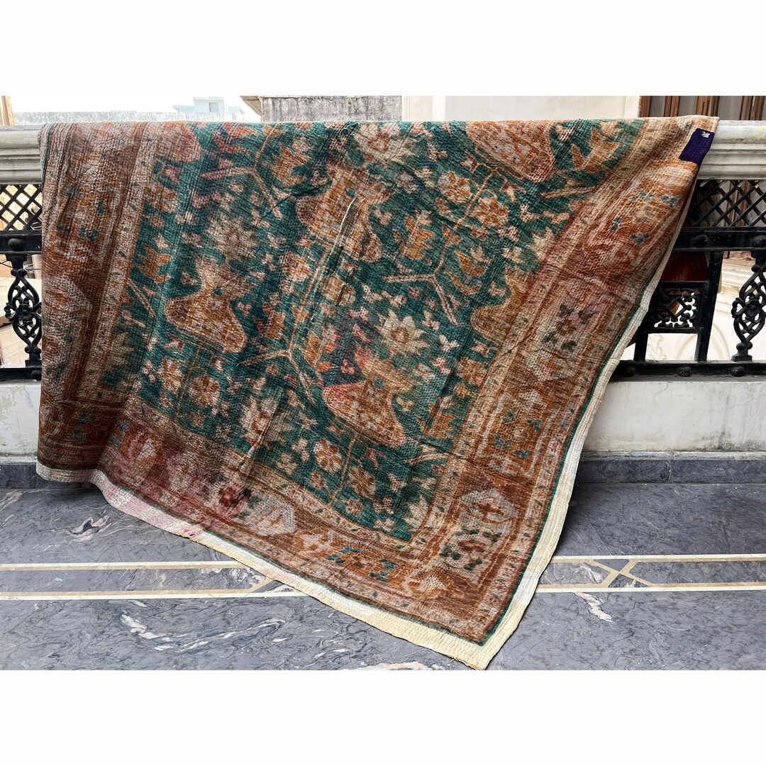 Handcrafted Indian Kantha Quilt: Vintage Persian Rug Style Throw - Etsy