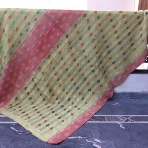 Yellow Embroidered Kantha Quilt: Vintage Indian Twin Throw