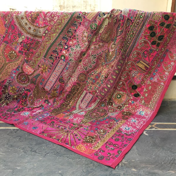 Pink Vintage sari Patchwork beaded Bedding,Gypsy sari decor,Bohemian Wall Hanging Huge Size Vintage Indian handmade Tapestry bedspreads