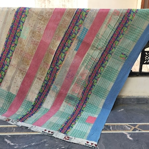 Handmade Twin Kantha Quilt: Vintage Indian Cotton Bedspread
