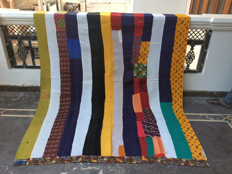 Vintage Handmade Reversible Kantha Quilt,Kantha Bedspread Gypsy Bohemian Old Sari Kantha Quilt