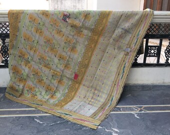 Vintage Hand-Stitched Kantha Quilt: Reversible Indian Throw Blanket