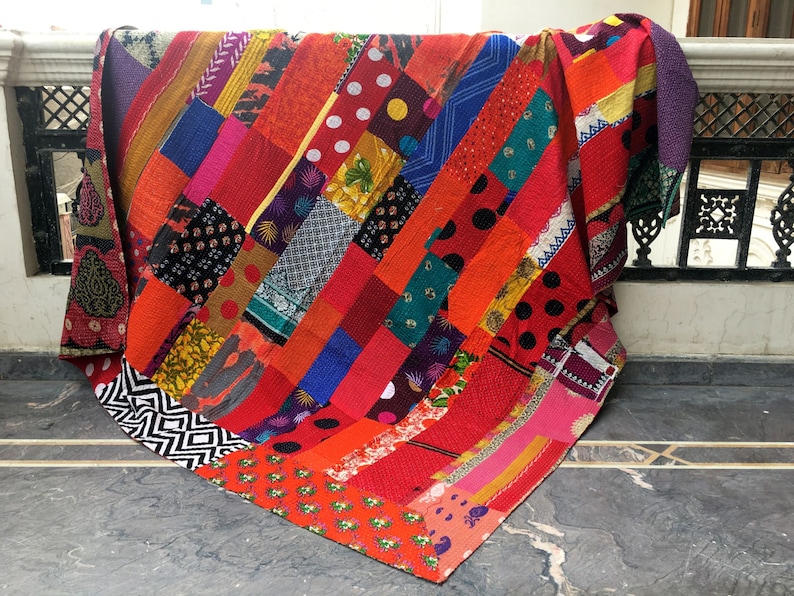 Indian Sari Patchwork Kantha Quilt Multi Colorful Kantha Blanket Reversible Cotton Sari Kantha Throw Striped Design Kantha Bedspread