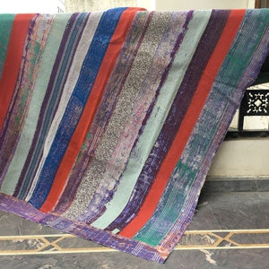 Vintage Kantha Quilt: Reversible Indian Blanket Throw, Hand-Stitched Ralli Quilt