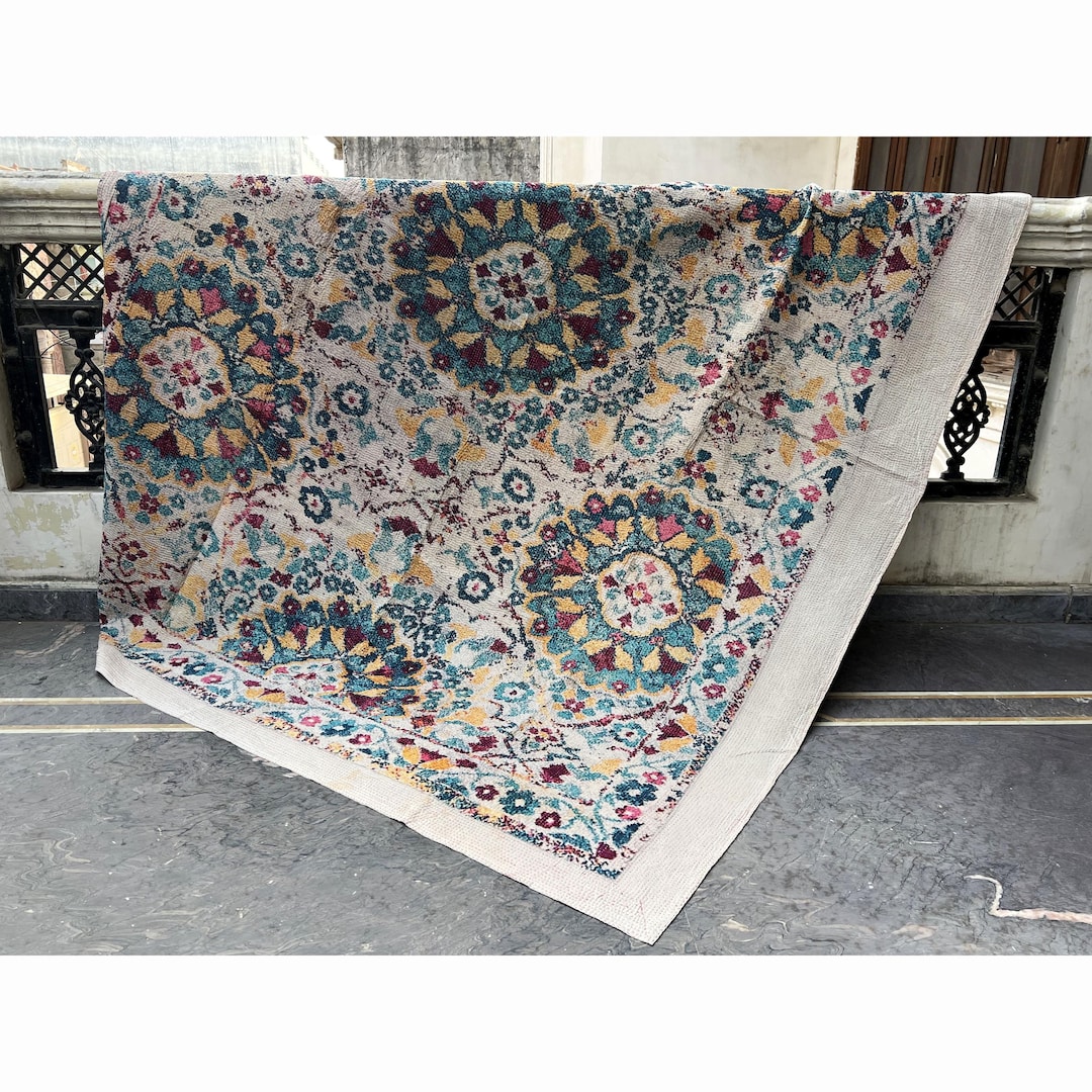Handcrafted Kantha Quilt: Indian Vintage Persian Rugs Style Blanket - Etsy