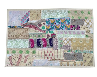 Handmade Indian Sari Patchwork Wall Hanging - Vintage Bohemian Cotton Tapestry for Home Decor