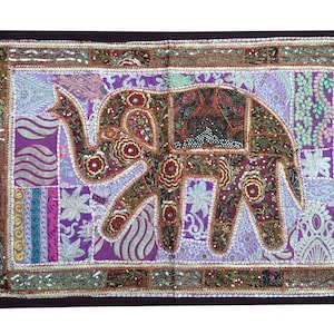Vintage Indian Wall Tapestry: Handmade Beaded Sari Patchwork Art