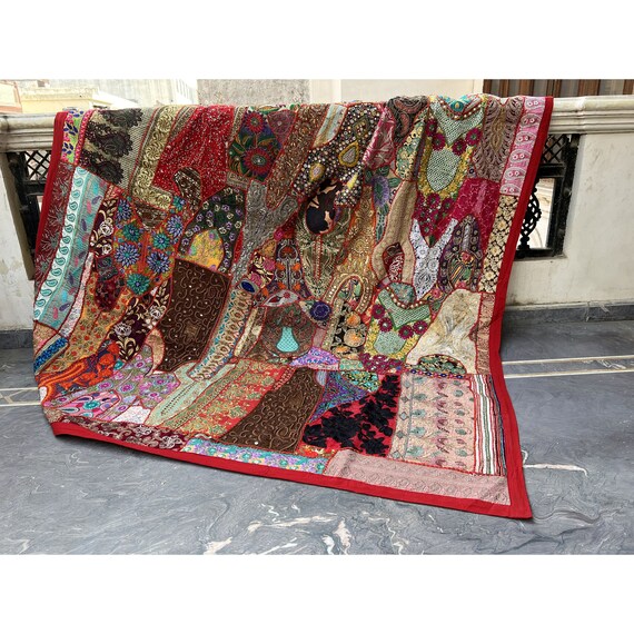 40x40 Brown Crazy Quilt Vintage Sari Beaded Sequin Wall Hanging Tapestry - India