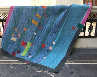 Reversible Blanket Bedspread Vintage Kantha Quilt Indian Handmade Throw Cotton Sari Coverlets Bohemian Recycle Fabric Quilt Bedding