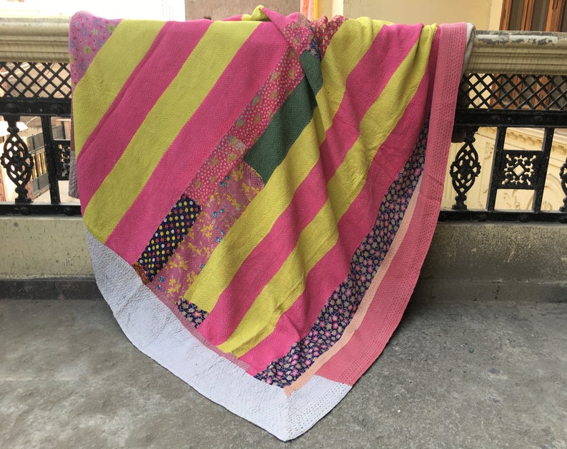 Exclusive Indian vintage kantha quilts,Handmade Vintage Kantha Throws,Twin Recycle fabric kantha Blankets,Vintage reversible kantha Quilt
