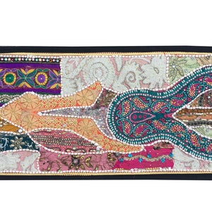 Handmade Vintage Sari Patchwork Tapestry: Bohemian Beaded Wall Art