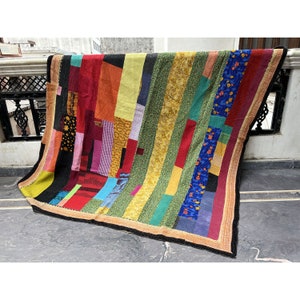Edredón Kantha vintage indio, manta sari Kantha vintage, edredón Kantha de patchwork reciclado