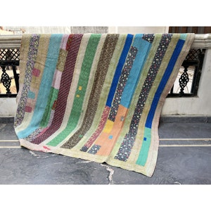 Vintage Indian Kantha Quilt: Recycled Sari Patchwork Throw