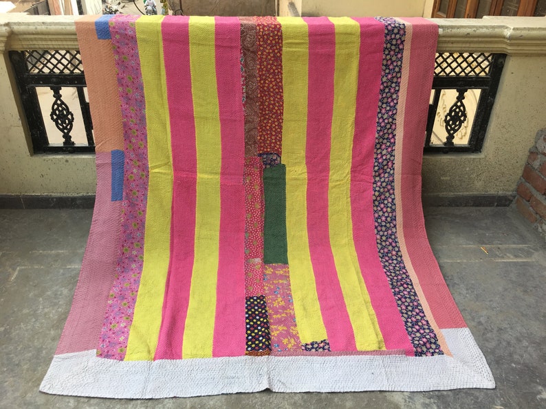 Exclusive Indian vintage kantha quilts,Handmade Vintage Kantha Throws,Twin Recycle fabric kantha Blankets,Vintage reversible kantha Quilt