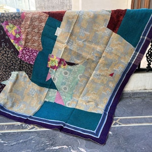 Edredón Kantha vintage indio, manta sari Kantha vintage, edredón Kantha de patchwork reciclado