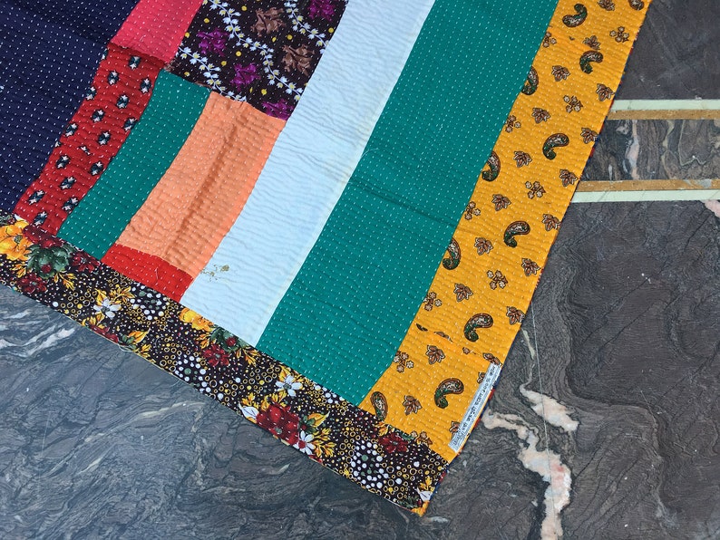 Vintage Handmade Reversible Kantha Quilt,Kantha Bedspread Gypsy Bohemian Old Sari Kantha Quilt