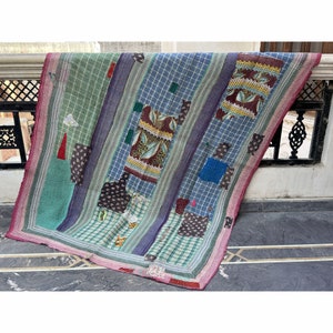 Boho Reversible Kantha Quilt: Vintage Indian Sari Throw