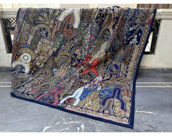 thumbnail image 2 of 60" Maroon Vintage Sari Beaded Wall Hanging Tapestry - Art Deco Style, Handmade From India 2 of 3