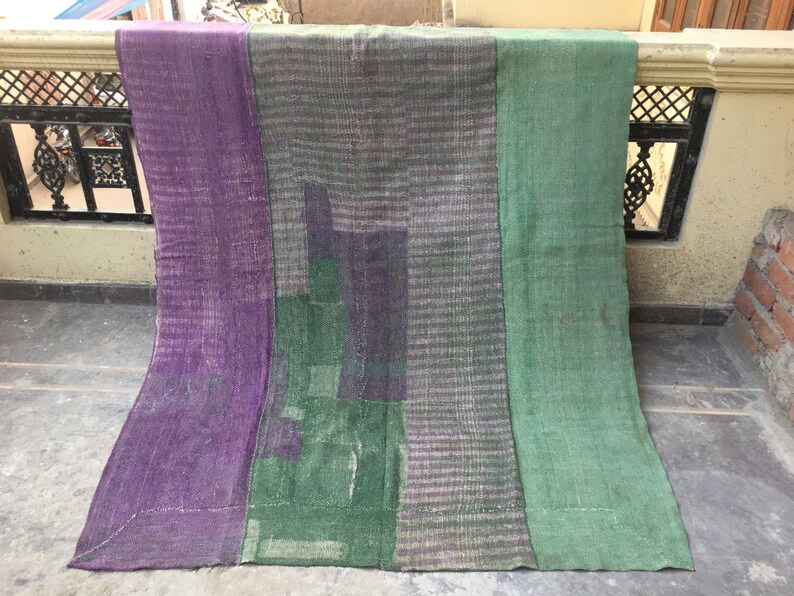 Handmade Gray Kantha Quilt Reversible Throw Ralli Bird Print Gudri King Blanket