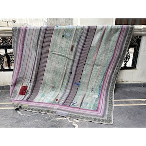 Edredón Kantha vintage indio, manta sari Kantha vintage, edredón Kantha de patchwork reciclado