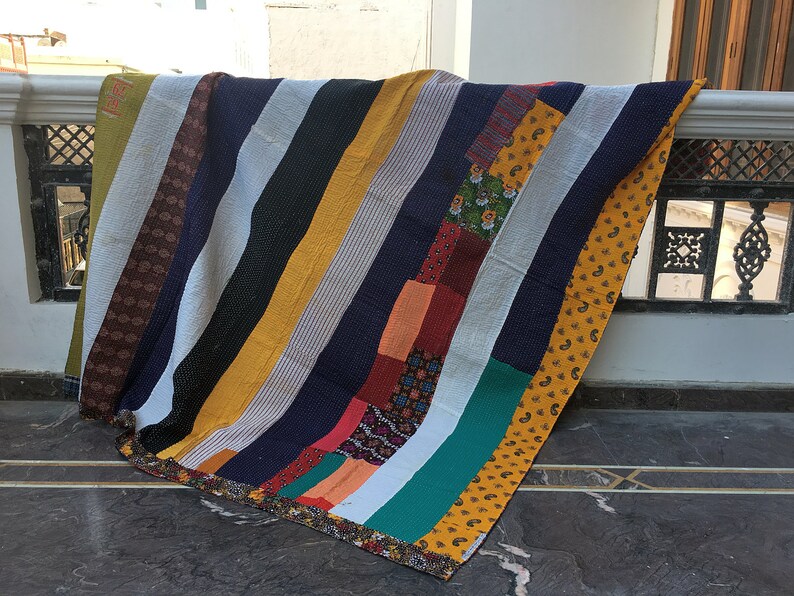 Vintage Handmade Reversible Kantha Quilt,Kantha Bedspread Gypsy Bohemian Old Sari Kantha Quilt