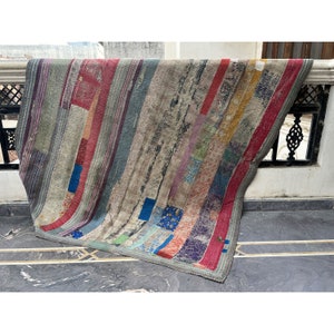 Edredón Kantha vintage indio, manta sari Kantha vintage, edredón Kantha de patchwork reciclado