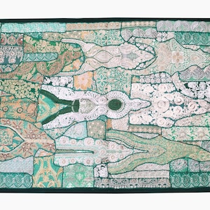 Green Sari Patchwork Tapestry: Vintage Indian Bohemian Wall Hanging