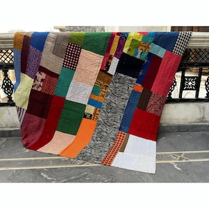Handmade Reversible Kantha Quilt:  Bohemian Vintage Blanket with Hand-Stitched Cotton Sari Bedspread and Throw