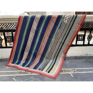 Vintage Indian Kantha Quilt: Recycled Sari Patchwork Throw