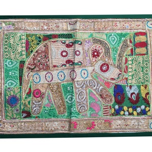 Handmade Indian Wall Tapestry: Vintage Sari Patchwork, Beaded Boho Decor