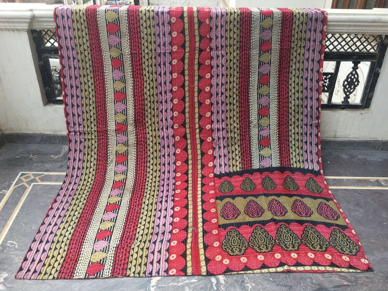 Indian Sari Patchwork Kantha Quilt Multi Colorful Kantha Blanket Reversible Cotton Sari Kantha Throw Striped Design Kantha Bedspread