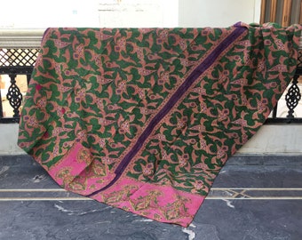 Handmade Reversible Kantha Quilt: Vintage Indian Sari Bohemian Throw