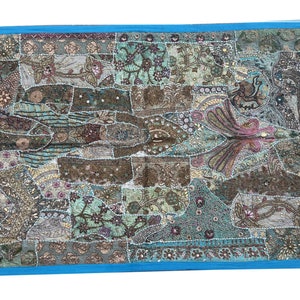 Vintage Sari Patchwork Tapestry: Beaded Bohemian Wall Hanging