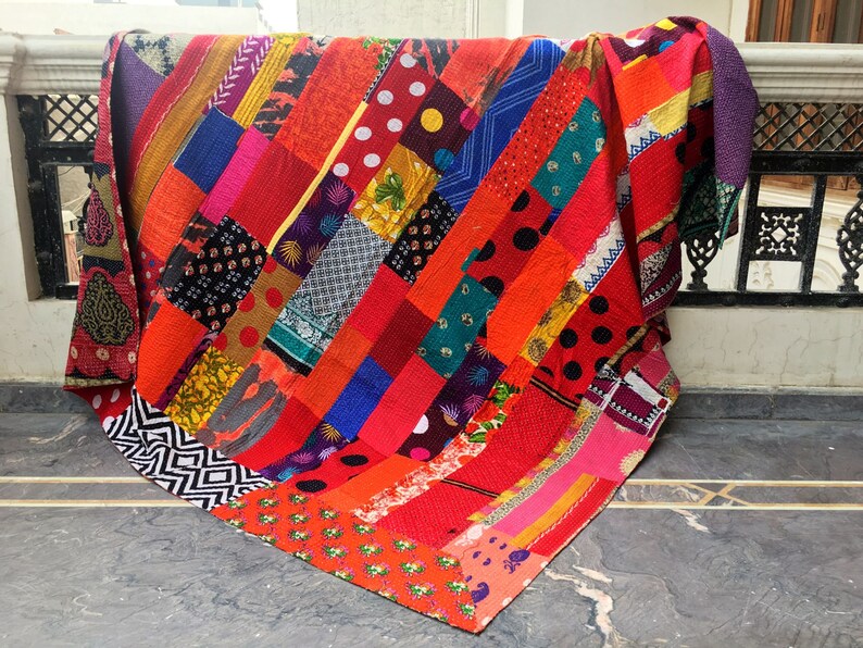 Indian Sari Patchwork Kantha Quilt Multi Colorful Kantha Blanket Reversible Cotton Sari Kantha Throw Striped Design Kantha Bedspread