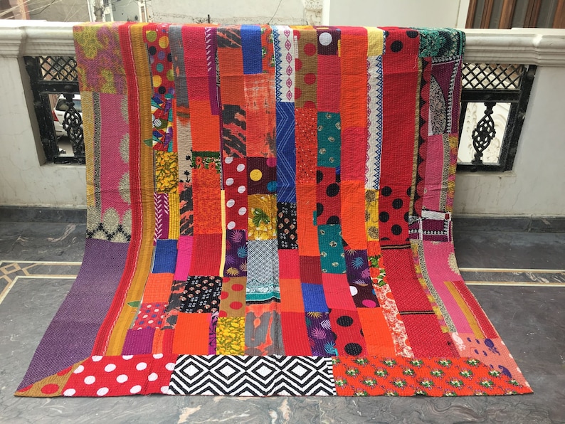 Indian Sari Patchwork Kantha Quilt Multi Colorful Kantha Blanket Reversible Cotton Sari Kantha Throw Striped Design Kantha Bedspread