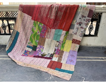 Home Decor Vintage Kantha Quilt,Patchwork Handmade Cotton kantha sari Throw,Bohemian kantha Blanket