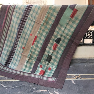 Vintage Kantha Quilt: Handmade Cotton Throw Blanket, Bohemian Tapestry