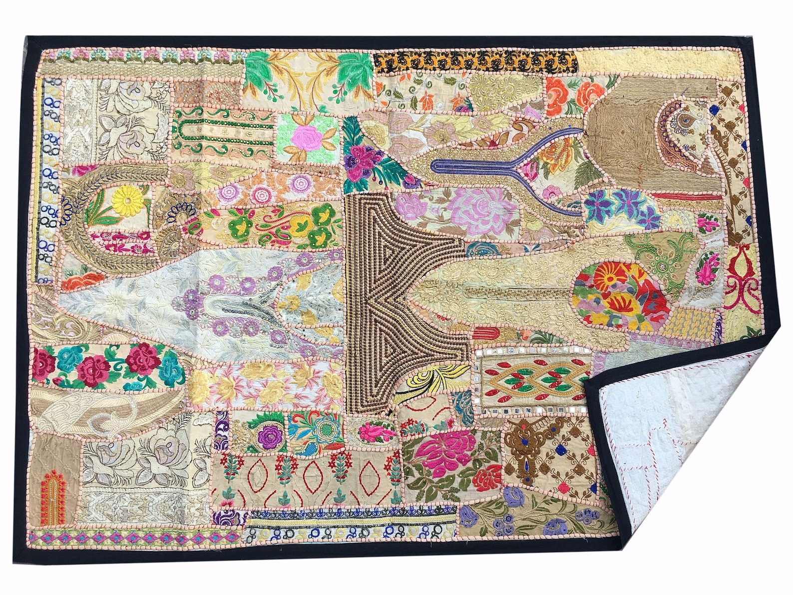 Tenture Murale Indienne Vintage - Coton Brodé Main 3,3x3,4 Pieds, Motif Floral Orange, Décoration Bohème