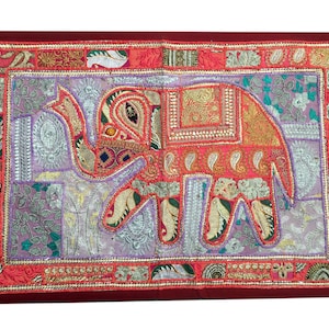 Handmade Vintage Indian Tapestry: Embroidered Elephant Wall Art