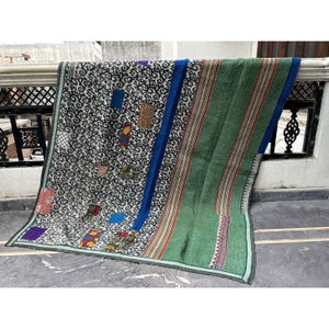 Edredón Kantha vintage indio, manta sari Kantha vintage, edredón Kantha de patchwork reciclado