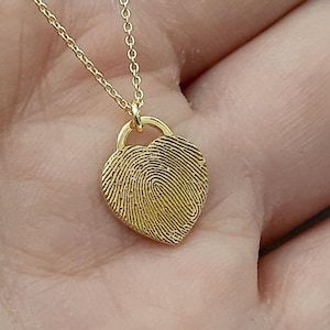 14k Actual Fingerprint Necklace • Engraved Fingerprint Handwriting Jewelry • Custom Heart Charm • Memorial necklace • Personalized Gift gold